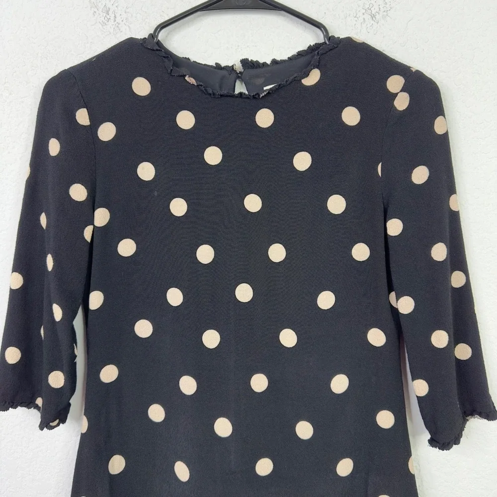 Kate Spade Dress Womens 0‎ Black Tan Polka Dot Ruffle Trim Feminine Quiet Luxury